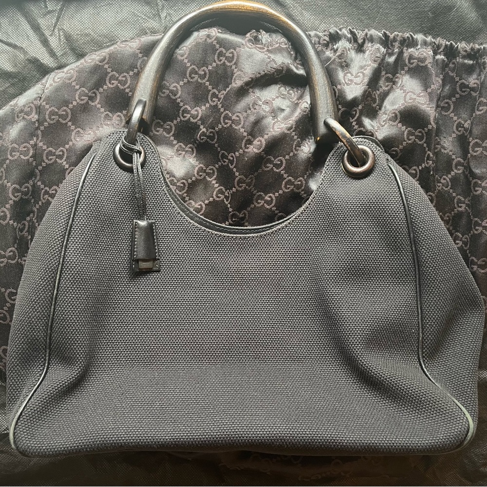 GUCCI Black Canvas Wooden Handle Hobo Bag